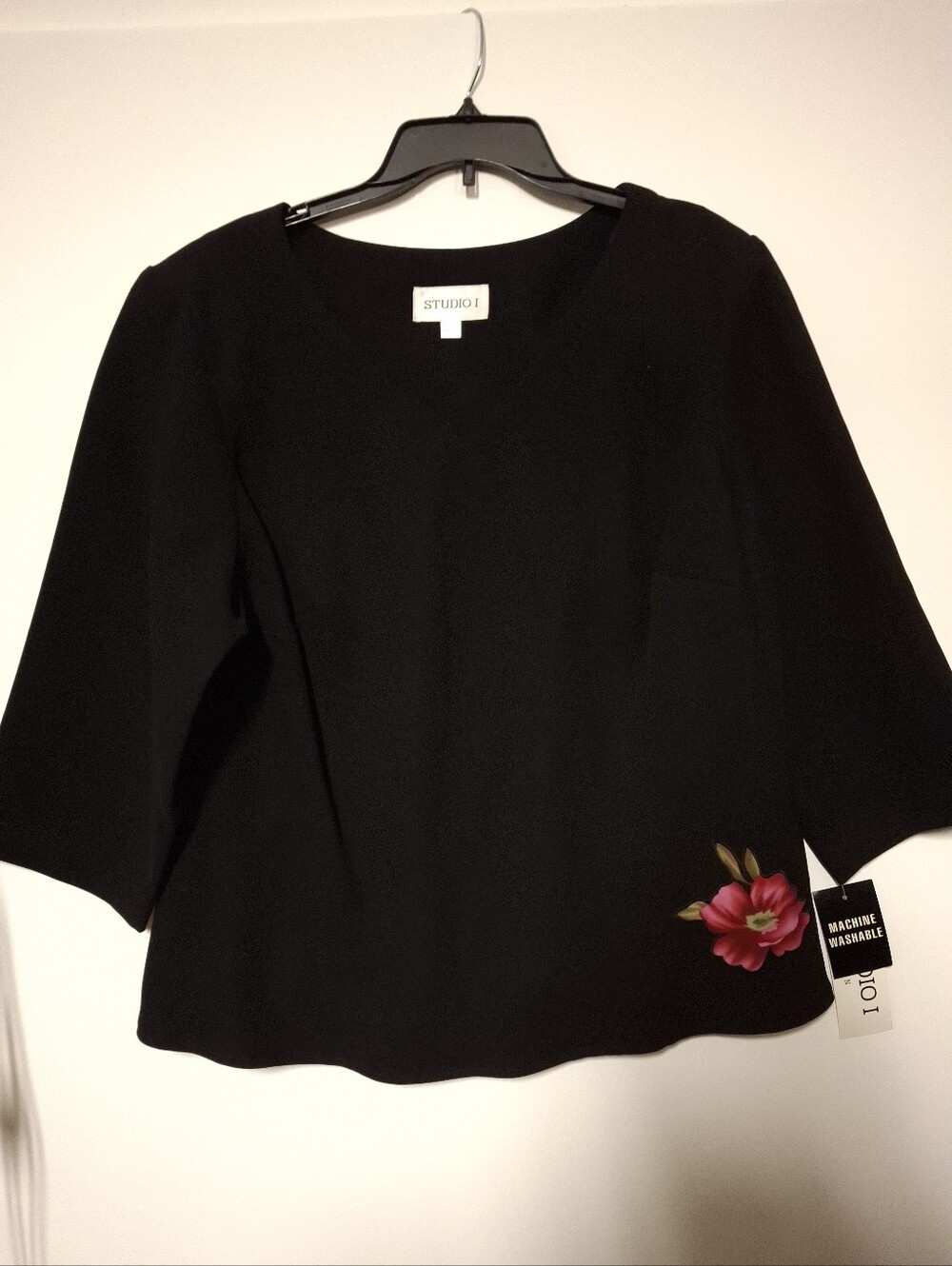 Studio I Black Top with Pink Floral Embellishment Size 20W NWT